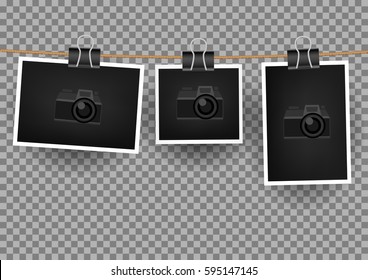 Paper horizontal, vertical and square photo hang on the cord on transparent background. Empty exhibition collection of template to insert your photography. Picture set. Camera symbol for default show