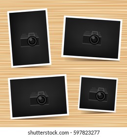 Paper horizontal, vertical and square photo set on brown wooden background. Empty exhibition collection of template to insert your photography. Picture collection. Camera symbol for default show