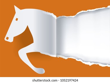 
Paper horse ripping paper background. 
Illustration of paper horse silhouette ripiing paper. Backround with place for your text or image.Vector available.