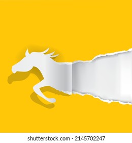 Paper Horse ripping paper, banner template.
Stylized illustration of jumping horse tearing yellow paper background. Place for your text or image. Vector available.