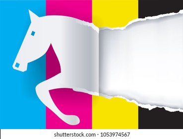 Paper Horse ripping paper with print colors. Concept for presenting of color printing. Place for your text or image. Vector available.