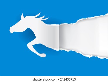 Paper  Horse ripping paper. Paper silhouette of  running horse ripping colorful  paper background with place for your text or image. Vector illustration. 