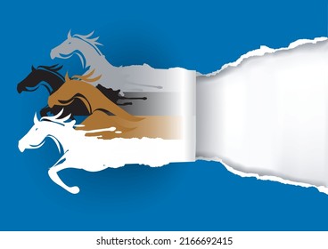 Caballos de papel rompiendo papel.
Ilustración de cuatro siluetas de caballos con fondo de papel azul. Plantilla de banner. Vector disponible.