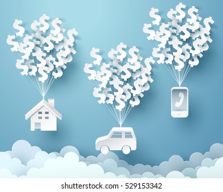 Paper house, car and mobile phone hanging with dollar sign balloon, business and asset management concept and paper art idea, vector art and illustration.