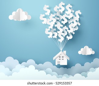 Paper house hanging with dollar sign balloon, business and asset management concept and paper art idea, vector art and illustration.