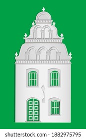 Paper house isolated on green background. Origami city building with windows and door.Cottage exterior of white paper cut art and craft style design. For banner, poster, card.Stock vector illustration