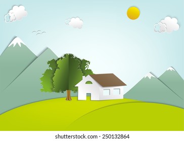 Paper house on a hill on background of mountains. Vector illustration