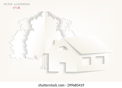 Paper house and the tree on a white background. Eco house. Vector illustration modern design template.