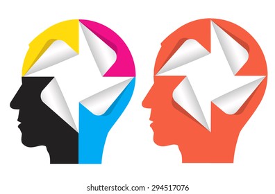 Paper human head silhouette with stickers.
Human head silhouettes with stickers in printing inks and red color. Concept for presenting of color printing. Vector illustration.
