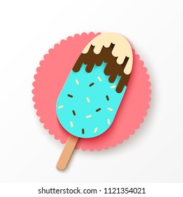 Paper ice cream with glaze, colorful confectionery and chocolate sauce. Summer sweets in modern paper art style, pastel colors. 