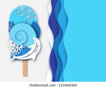 Paper ice cream made of dolphin, sea wave, coral and sea shell. Concept of summer beach vacation. Paper cut modern design