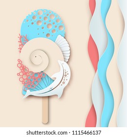 Paper ice cream made of dolphin, sea wave, coral and sea shell. Concept of summer beach vacation. Paper cut modern design