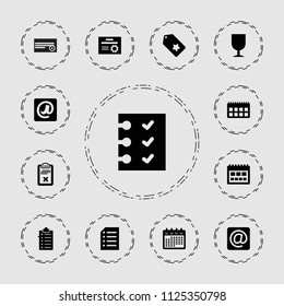 Paper icon. collection of 13 paper filled icons such as calendar, fragile cargo, clipboard, checklist, at email, diploma, tag. editable paper icons for web and mobile.