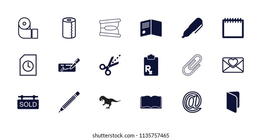 Paper icon. collection of 18 paper filled and outline icons such as book, scissors, sold tag, pen, calendar, love letter, at mail. editable paper icons for web and mobile.