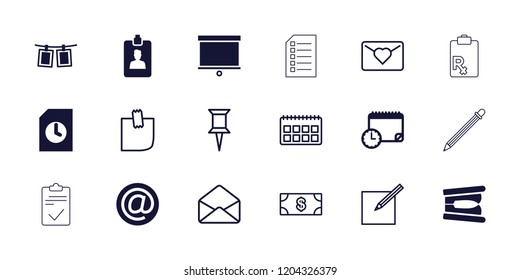 Paper icon. collection of 18 paper filled and outline icons such as document, clipboard, photos on rope, calendar with clock, money. editable paper icons for web and mobile.