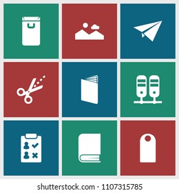 Paper icon. collection of 9 paper filled icons such as scissors, check list, binder, shopping bag, book, picture. editable paper icons for web and mobile.