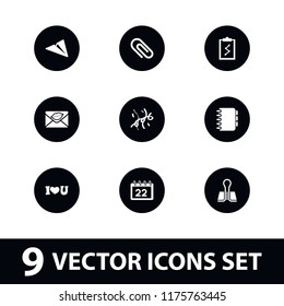 Paper icon. collection of 9 paper filled icons such as love letter, clip, confetti, notebook, clipboard with chart, i love you. editable paper icons for web and mobile.
