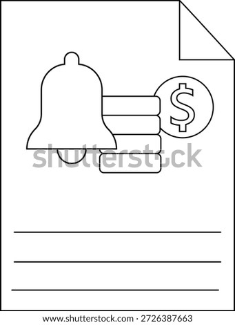 Paper icon displaying bell coin stack dollar sign a curled page corner with lines underneath