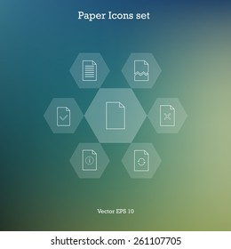 Paper icon flat line set for design,interface. Hexagons,blurred background. Vector illustration EPS10