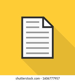 Paper icon with long shadow on yellow background, flat design style
