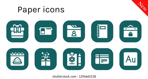  paper icon set. 10 filled paper icons. Simple modern icons about  - Gift, Package, Folder, Notebook, Event, Calendar, Report, Tickets, Audition
