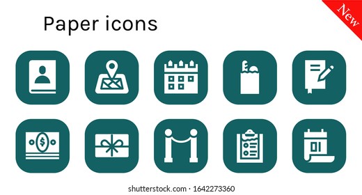 paper icon set. 10 filled paper icons. Included Agenda, Location pin, Calendar, Groceries, Book, Money, Present, Line, Clipboard icons