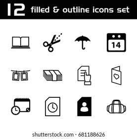 Paper icon. set of 12 paper filled and outline icons such as keep dry cargo, scissors, 14 date calendar, calendar with clock, pointing on document, love card, photos on rope