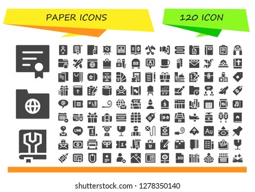  paper icon set. 120 filled paper icons. Simple modern icons about  - Diploma, Manual, Folder, Phone book, Certificate, Canvas, Picture, Book, Scissors, Insert coin, Towel, Document