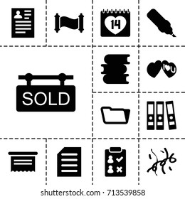 Paper icon. set of 13 filled paper icons such as book, resume, folder, 14 date, i love you, document, confetti, sold tag, manuscript, binder, pen