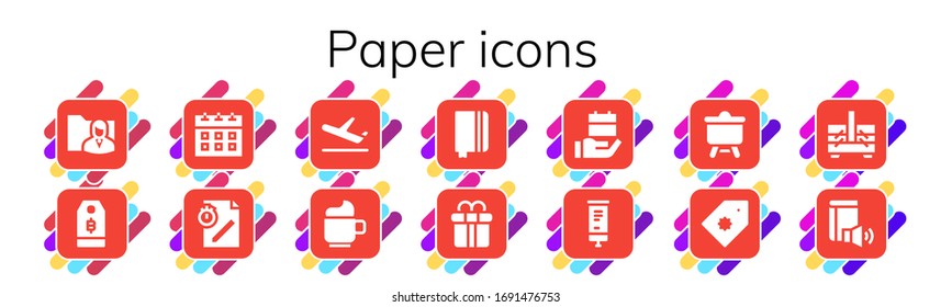 paper icon set. 14 filled paper icons.  Simple modern icons such as: Folder, Price tag, Calendar, File, Plane, Cup, Notebook, Gift box, Roll up, Canvas, Sewing box, Book