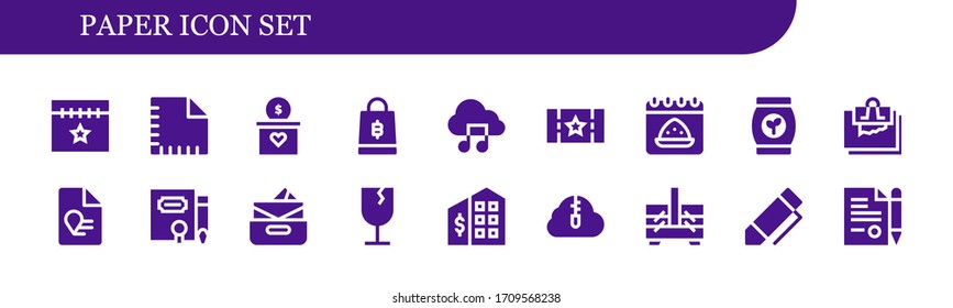 conjunto de iconos de papel. 18 iconos de papel rellenos. Incluye Calendario, Napkin, Regalo, Bolsa de Compras, Archivo de Música, Billete, Bolsa, Nota, Informe, Contrato, Bandeja de entrada, Frágil, Oficina de Impuestos, Iconos de nube Zip