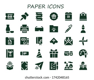 paper icon set. 30 filled paper icons. Included Ticket, Push pin, Books, Sticker, Calendar, Shopping bag, Sake, Printer, 3d glasses, Folder, 3d printing pen, Birthday boy icons