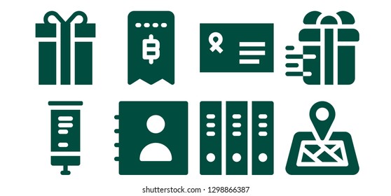  paper icon set. 8 filled paper icons. Simple modern icons about  - Roll up, Gift, Agenda, Invoice, Folders, Envelope, Location pin
