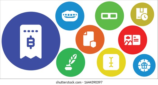 conjunto de iconos de papel. 9 iconos de papel rellenos. Iconos de factura, sonrisa, gafas 3d, tinta, escritura, archivo, postal, paquete, regalo incluidos