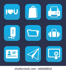 Paper icon. set of 9 filled paper icons such as passport, paper airplane, printer, shopping bag, folder, i love you, geyser, sport bag