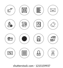 Paper icon set. collection of 16 outline paper icons with bag, coupon, gift, grid, eraser, mail, label, left alignment, news reporter, package, phone book, recycle bin icons.