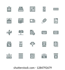 Paper Icon Set. Collection Of 25 Filled Paper Icons Included Coffee Bag, Calendar, Magazine, Justify, Airplane, Contract, Thesis, Paper Fan, Guillotine, Offer, Diploma, Cheque