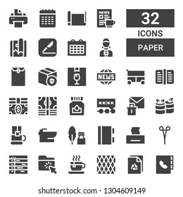 paper icon set. Collection of 32 filled paper icons included Agenda, File, Napkin, Tea cup, Folder, Schedule, Scissors, Tissue, Notebook, Ink, Bidet, Rolls, Erase, Deadline, Money