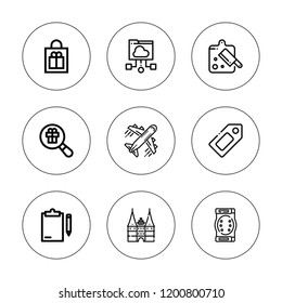 Paper icon set. collection of 9 outline paper icons with board, clipboard, gift, folder, holstentor, pads, plane, tag icons. editable icons.