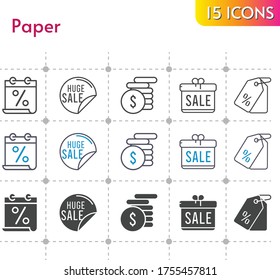 paper icon set. included calendar, gift, sale, money, price tag icons on white background. linear, bicolor, filled styles.