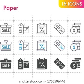 Papiersymbol eingestellt. Geschenk, Kalender, Einkaufstasche, Geld, Rabattsymbole auf weißem Hintergrund. linear, bicolor, gefüllte Stile.