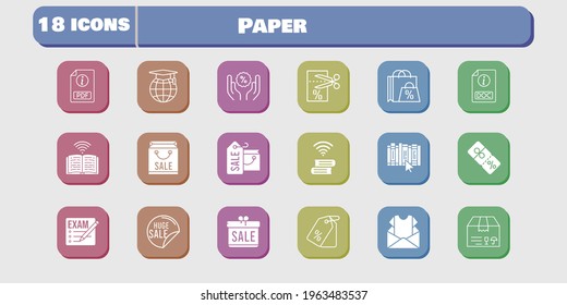 paper icon set. included gift, newsletter, package, voucher, book, discount, exam, shopping bag, sale, pdf, school, price tag icons on white background. linear, filled styles.