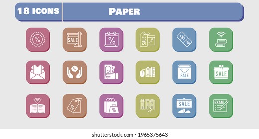conjunto de iconos de papel. incluido regalo, examen, calendario, bolso de compra, boletín, venta, libros, dinero, libro, etiqueta de precio, descuento, libro (2) iconos sobre fondo blanco. estilos lineales y llenos.