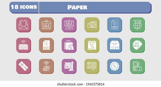 paper icon set. included gift, calendar, newsletter, package, book, discount, shopping bag, sale, books, pdf, money, school icons on white background. linear, filled styles.