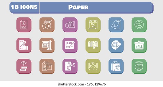 paper icon set. included gift, calendar, voucher, book, discount, exam, shopping bag, sale, books, money, school, price tag icons on white background. linear, filled styles.