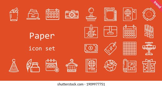 Paper Icon Set. Line Icon Style. Paper Related Icons Such As Calendar, Package, Book, Ink Pen, Discount, Stamp, Filing Cabinet, Photo Camera, Supermarket Gift, Blueprint, Id Card, Passport, Party Hat