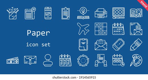 paper icon set. line icon style. paper related icons such as gift, calendar, plane, newspaper, ticket, paper clip, rubber stamp, contract, printer, clipboard, watercolor, open book, money