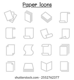 Ícone de papel definido no estilo de linha fina