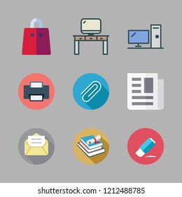 paper icon set. vector set about books, desk, shopping bag and printer icons set.