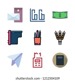 paper icon set. vector set about money id, printers, bar chart and postal icons set.